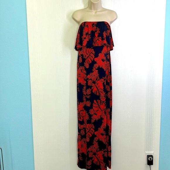 Boohoo - Navy And Orange Palm Printed Bandeau Detail Maxi Dress Size 4 - Picture 1 of 11